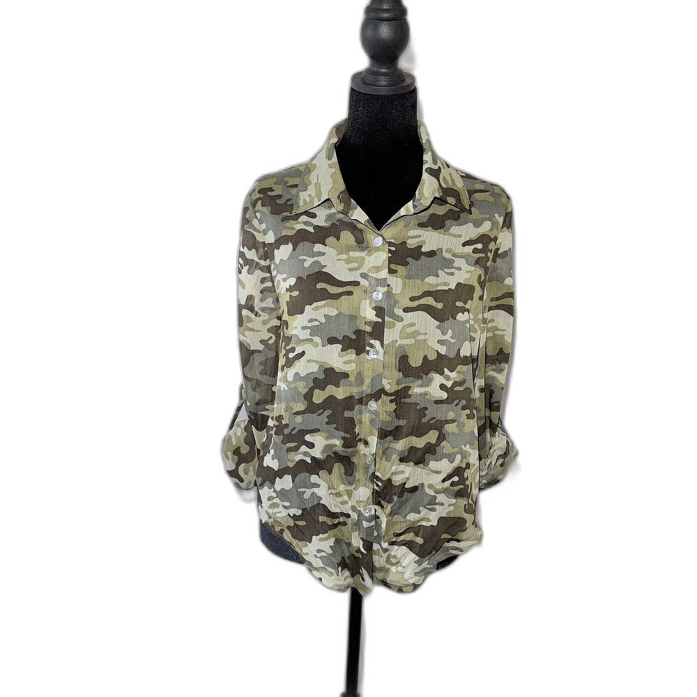 Living Doll Shirt  Camo Sheer Roll Tab Button Up Blouse Women’s Size S NWT